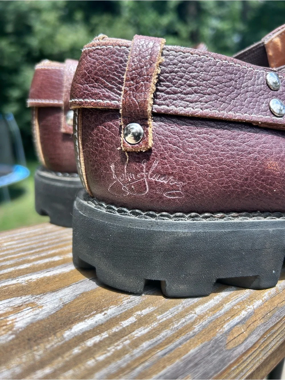 John Fluevog Brown Leather Harness Clog Shoes Lug Sole Portugal 9.5
